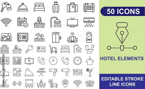 Hotel Element Line Icons Set Editable Stroke Style
