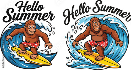 Gorilla Surfing On A Wave Colorful Vector Illustration