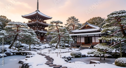 Traditional Japanese temple in winter snow.