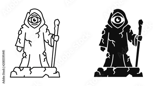 Bild auf Leinwand Mystical One-Eyed Guardian Icon: A stylized illustration depicts a cloaked, cyclopean figure holding a staff, standing on a rocky pedestal