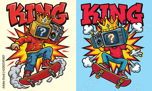 Skateboarder With Television Head Vintage Vector Illustration