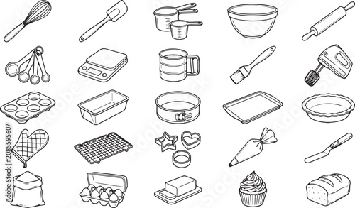 Baking Utensils And Ingredients Hand drawn Sketch Style Illustration