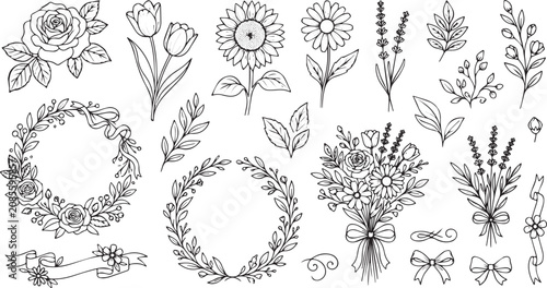 Floral ornament collection black and white vector illustration with various blooms