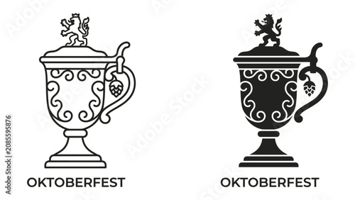 Cuadro en lienzo Oktoberfest Mug Icon: A stylized illustration of an Oktoberfest mug, presented in both outline and silhouette, showcasing ornate details and a festive handle