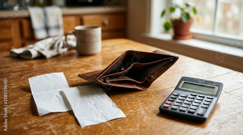 Open empty wallet with calculator and bill on wooden kitchen table in warm window light household budgeting and financial stress concept
