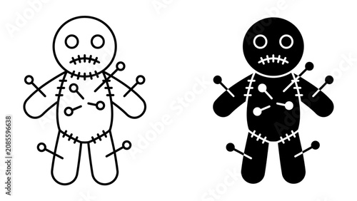 Photos Voodoo Doll Icon: A stylized voodoo doll, depicted in both outline and solid black, is adorned with numerous pins, symbolizing ritual and dark magic