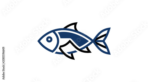 A simple blue and black graphic illustration of a swimming fish