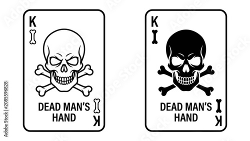 Dead Man's Hand Playing Cards: Two illustrated playing cards, one in black and white and the other in black.