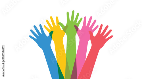 Colorful raised hands showing diversity and unity in a bright flat graphic vector art style
