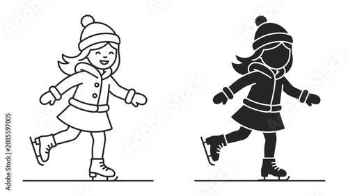Foto Ice Skating Fun: A cheerful girl in winter attire glides gracefully on ice skates, captured in both a clean line art illustration and a solid silhouette, embodying the joy of winter sports