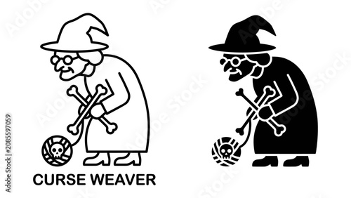 Fotografija Wicked Weaver of Curses: A witch wearing a pointy hat, spectacles, and robes, holding crossed bones and spinning a thread leading to a skull and crossbones symbol
