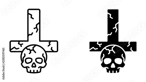 Obraz na plátně Gothic Symbolism: A stark black graphic depicts an inverted cross entwined with a cracked skull, representing dark, occult, and macabre themes