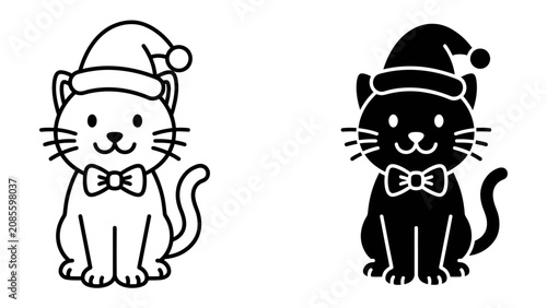 Foto Christmas Cat Duo: A delightful pair of cartoon cats, one in outline and the other in silhouette, both wear festive Santa hats and bowties, exuding holiday charm