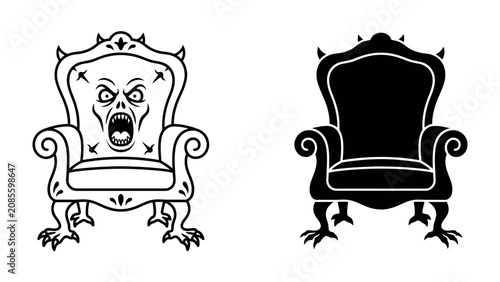 Tableau sur toile Monstrous Throne: A pair of ornate, imposing thrones featuring a monstrous face with an open, screaming mouth and clawed feet, presented in both line art and silhouette styles