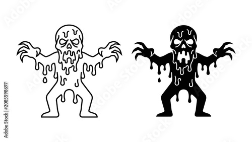 Foto Ghoul Graphic: A chilling graphic featuring a ghoul in both outlined and solid black, with melting features and clawed hands outstretched, perfect for Halloween or horror themes