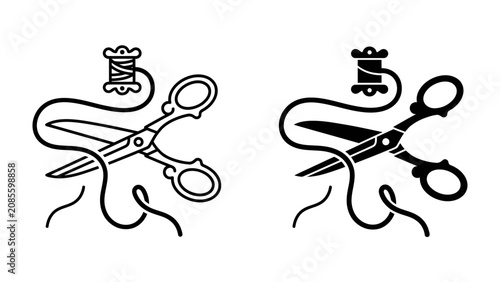 Photos Sewing Craft Icon: Two stylized icons representing sewing tools, featuring scissors and a spool of thread, symbolizing craftsmanship and the art of making