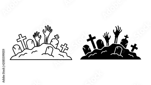 Bild auf Leinwand Rising from the Grave: Spooky graveyard scene with hands reaching out from the dirt, surrounded by tombstones and crosses, evoking a classic Halloween horror atmosphere