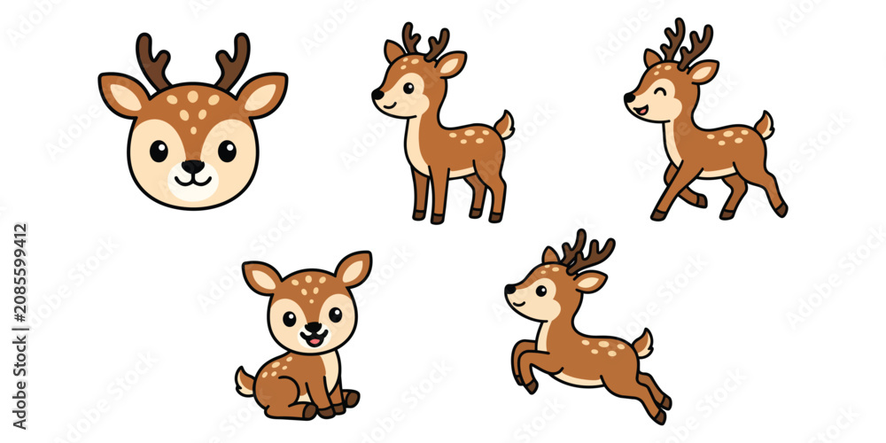 Obraz premium Cute cartoon deer set including five poses with character wildlife standing illustration adorable whimsical friendly isolated background