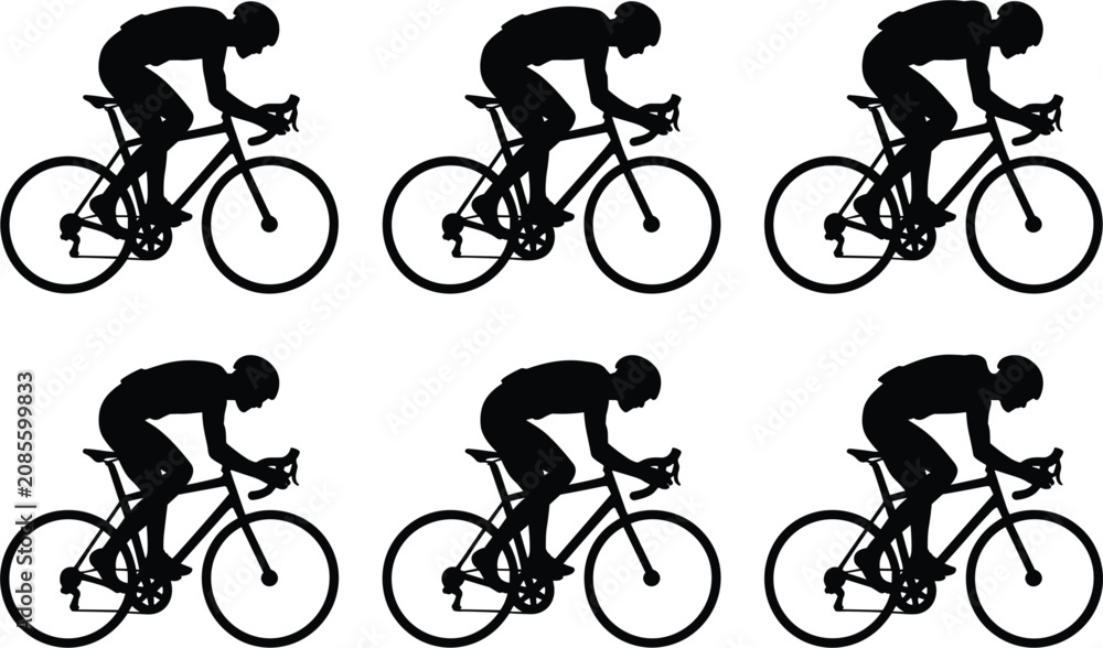 Obraz premium Road bike cyclist racing silhouettes set, bicycle rider cycling in motion side view vector design illustration