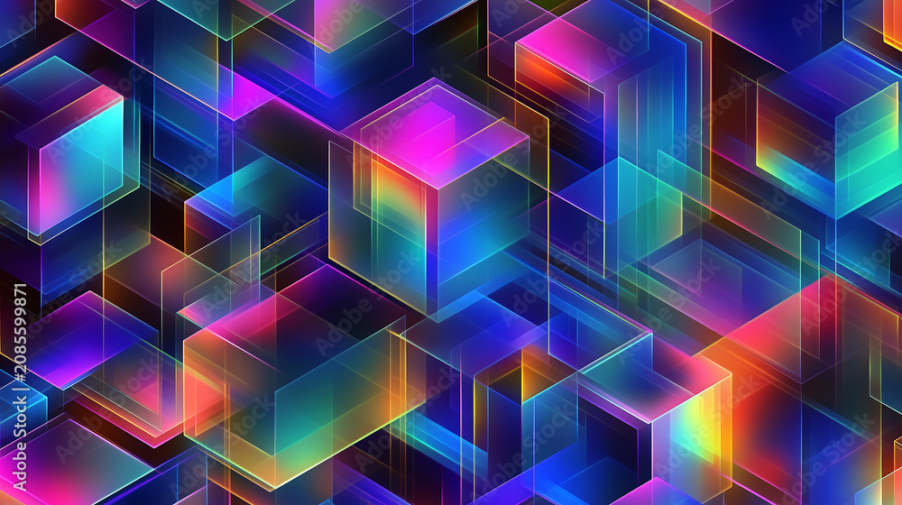 Obraz premium Abstract background featuring glowing colorful translucent cubes in a geometric pattern.