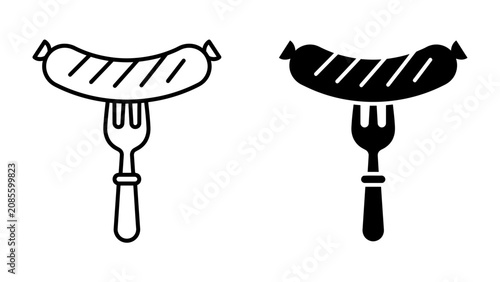 Φωτογραφία Sausage on Fork Icons: A simple and clear graphic representation of a sausage impaled on a fork, presented in both outline and solid black styles, perfect for culinary-themed designs