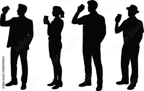 People drinking coffee silhouettes set, man and woman holding paper cups vector graphic illustration banner