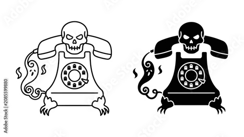 Bild auf Leinwand Spooky Rotary Phone Illustration: A creepy rotary phone with a skull receiver and spectral emanations, presented in both outline and solid black versions
