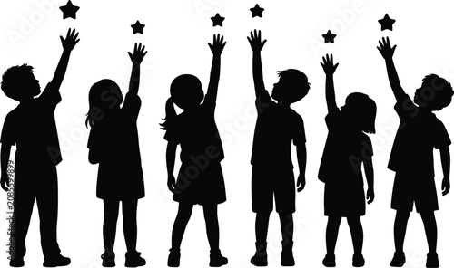 Fotografie Children reaching for stars silhouette set, happy kids dreaming, catching goal v
