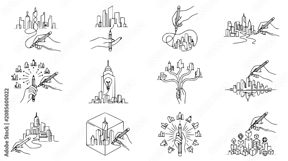 Fototapeta premium Hand Drawn Cityscape Icons: Architecture Design, Urban Planning, Blueprint & Sketch Concepts