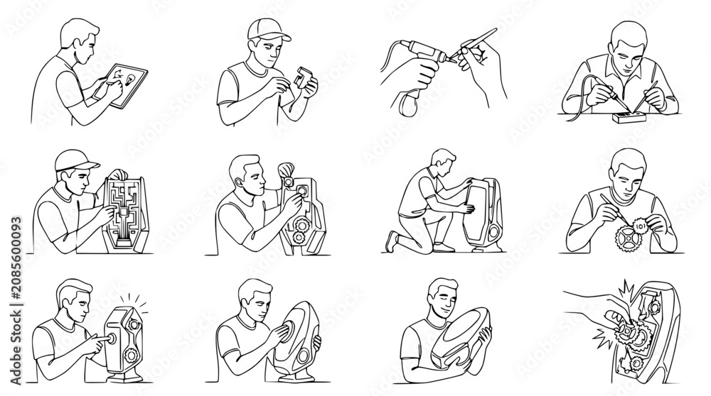 Fototapeta premium DIY Electronics Repair and Assembly: Line Art Illustrations of People Fixing Gadgets