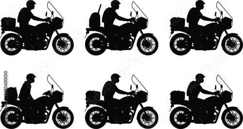 Foto Motorcycle rider travel adventure silhouettes set, adventure touring bike rider