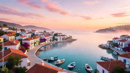 Picturesque coastal village harbor with white houses and boats at sunset.