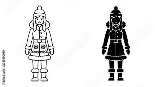 Φωτογραφία Winter Fashion Icon: A stylized illustration of a woman dressed in warm winter attire, featuring a fur-trimmed coat, hat, gloves, and boots, presented in both outline and silhouette forms