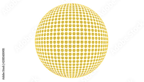 Sphere made of hundreds of small yellow smiling emojis arranged in a grid pattern creates a circular shape against a plain white background.