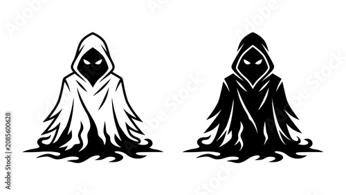 Foto Dark Figures: Two stylized, hooded figures, one white and one black, with glowing eyes and smoky lower halves, representing mystery and the unknown