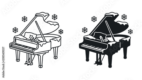 Foto Winter Serenade: A majestic grand piano, adorned with a blanket of snow and surrounded by delicate snowflakes, evokes a serene and melancholic winter mood