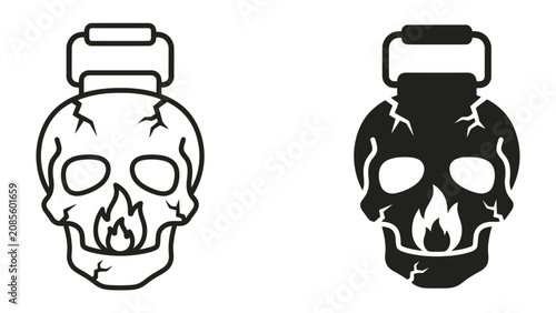 Принти на полотні Fire Skull Icon: A striking graphic representation of a skull with flames emanating from its eye sockets, available in both outline and solid black versions, symbolizing danger, warning, or rebellion