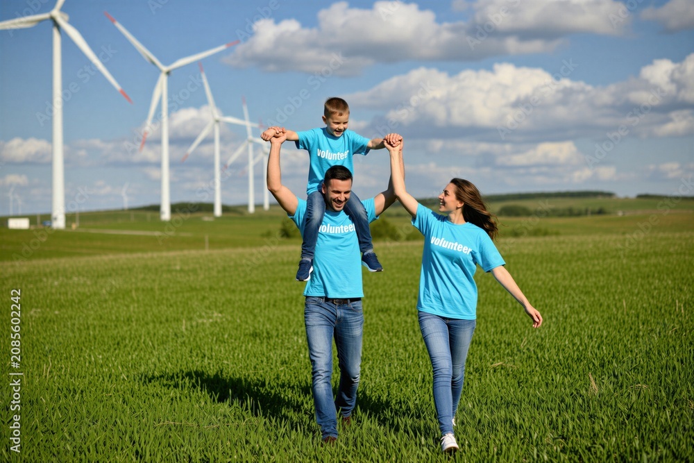 Obraz premium Family walks in green field near wind turbines. Father carries child on shoulders, mother holds hand. Everyone wears blue volunteer shirts. Sunny day, blue sky, white clouds. Happy mood.