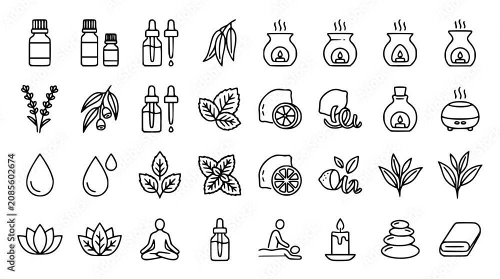 Fototapeta premium Aromatherapy essential oil vector line icon set for spa wellness massage holistic beauty skincare branding