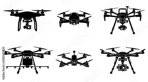 Cuadro en lienzo Drone silhouette vector icon set for aerial photography videography quadcopter t