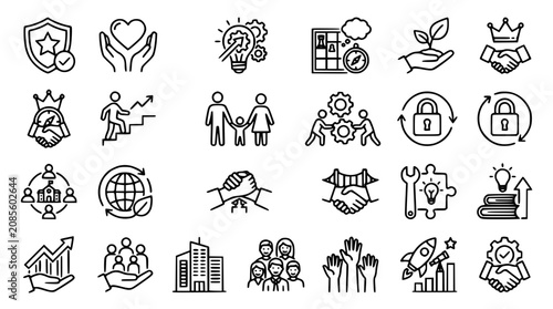 Fotografie Corporate business icon set for core values line design including teamwork partn