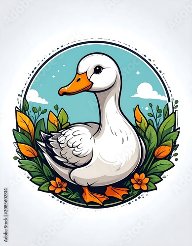 Cute cartoon duckling swimming in pond illustration.
