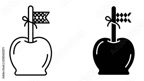Fotografía Candy Apple Icon: A stylized icon of a candy apple, featuring a lollipop stick and a small checkered flag, presented in both outline and solid black versions
