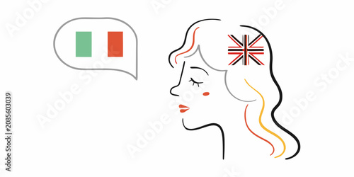 Tableau sur toile Woman s profile with speech bubble containing flags vector illustration