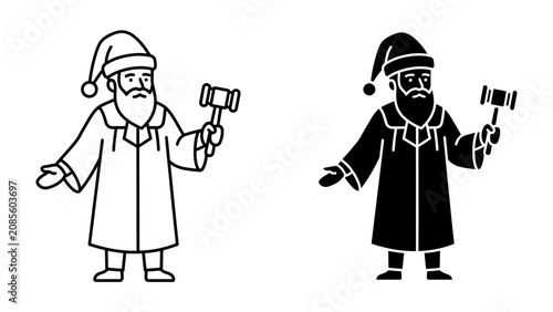 Obraz na plátně Judge Santa Claus: A stylized illustration depicts a bearded figure resembling Santa Claus, complete with a festive cap and judicial robe, holding a gavel in hand, ready to preside