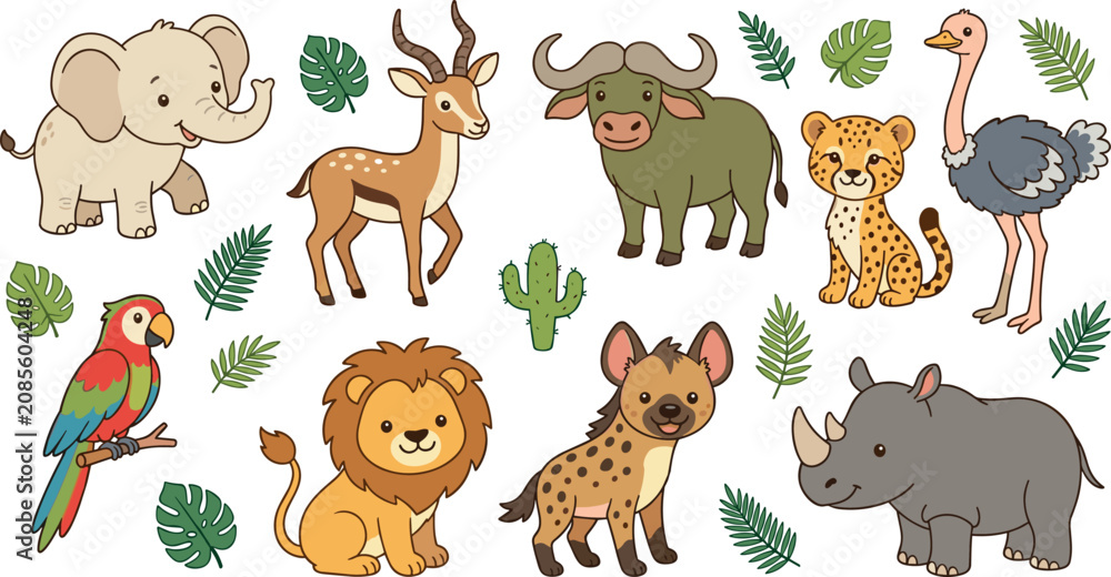 Obraz premium Cute cartoon African safari animal vector character set featuring baby elephant lion cheetah hyena gazelle rhino buffalo ostrich and parrot with tropical leaves