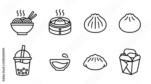 Quadro su tela Chinese food and Asian cuisine line icon set featuring dim sum dumplings noodles