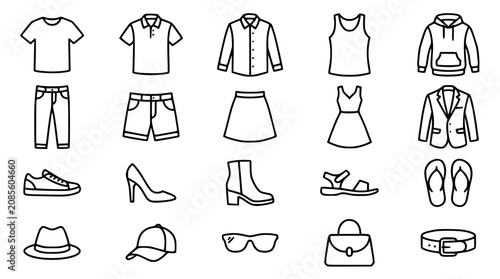 Canvas Print Men and women seasonal fashion apparel and footwear line icon set featuring casu
