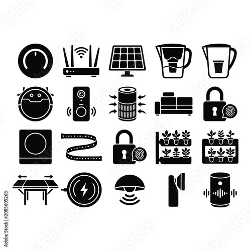 Set of 16 Minimalist Black Technology and Lifestyle Icons on White Background isolated on white background