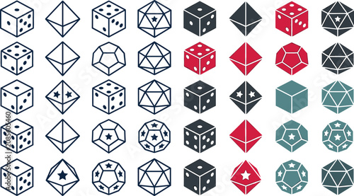 Tableau sur toile Polyhedral Dice Vector Icon Set with D6, D8, D12, and D20 Gaming Symbols for Rol